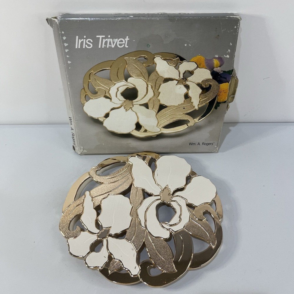 Vintage WM. A. Rogers Oneida Iris Trivet‎ Wall Hanging Box Gold White Floral
